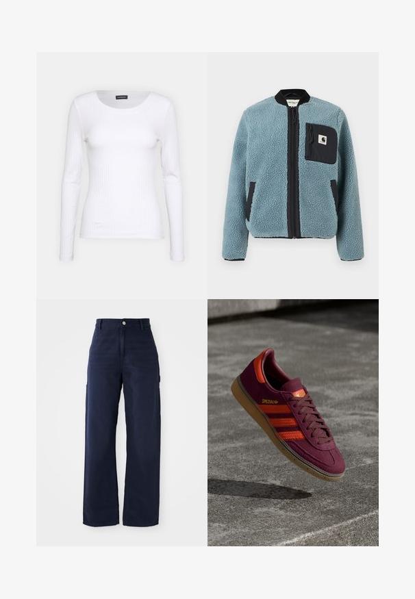 Modrá fleecová bunda s texturovaným povrchem, černými zipovými kapsami, stojatým límcem a předním zipem. Obsahuje nášivku loga na kapsičce na hrudi.; Bílé žebrované tričko s dlouhým rukávem a kulatým výstřihem. Vyrobeno z elastické tkaniny, která obepíná tělo. Obsahuje jemné horizontální pruhy.; Námořnické modré široké cargo kalhoty vyrobené z pevné bavlny, s bočními kapsami a zapínáním na knoflík v pase.; Bordové semišové tenisky s oranžovými pruhy a detaily, hnědými tkaničkami a gumovou podrážkou. Na jazyku se nachází logo.