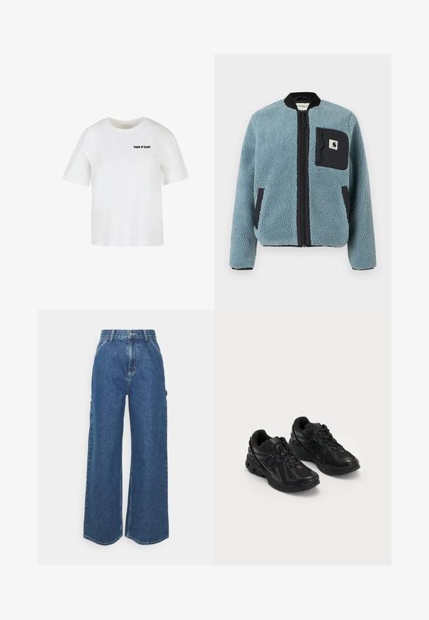 Plava flis jakna s teksturiranom površinom, crnim zatvaračima na džepovima, uspravnim ovratnikom i prednjim zatvaračem. Ima logotip na džepu na prsima.; Bijela kratkotrajna majica kratkih rukava od pamuka, s okruglim izrezom i natpisom "TAKE IT EASY" ispisanim crnom bojom na prednjoj strani.; Široke plave traperice s visokim strukom, kontrastnim šavovima i bočnim džepovima, s klasičnim dizajnom s pet džepova i sirovim rubovima.; Crne atletske tenisice napravljene od mrežastih i sintetičkih materijala. Imaju podstavljeni potplat, teksturirane uzorke i utisnut brend na strani.