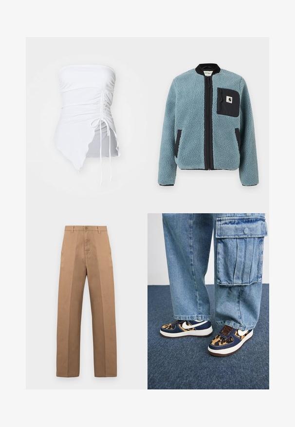 Plava flis jakna s teksturiranom površinom, crnim zatvaračima na džepovima, uspravnim ovratnikom i prednjim zatvaračem. Ima logotip na džepu na prsima.; Bijela bezramena majica s naboranom teksturom, asimetričnim rubom i podesivim detaljem svezanja sa strane. Glatka, elastična tkanina.; Smeđe pamučne hlače ravnog kroja, s kopčanjem na gumb, petljama za remen i minimalnim šavovima za čist izgled.; Tamno plave tenisice s akcentima u uzorku leoparda, bijeli Nike swoosh, smeđi vezice i bijela srednja potplata. Uparene s svijetloplavim trapericama cargo.