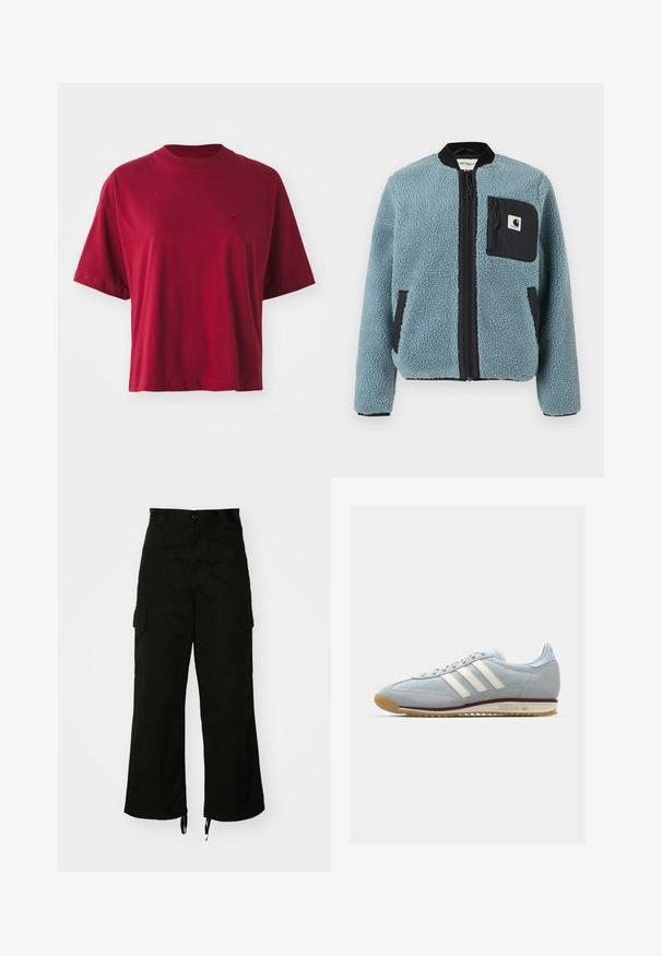 Modrá fleecová bunda s textúrovaným povrchom, čiernymi zipsovými vreckami, stojacim golierom a predným zipsom. Obsahuje logovú nášivku na vrecku na hrudi.; Červené bavlnené tričko s krátkym rukávom, okrúhlym výstrihom a malým vyšívaným logom na hrudi. Voľný strih a hladká textúra.; Čierne cargo nohavice vyrobené z bavlny, s širokými nohavicami, bočnými vreckami a sťahovacími lemami. Dizajn zahŕňa gombíkový uzáver v páse.; Svetlomodré semišové tenisky s bielymi tromi pruhmi, gumovou podrážkou a textúrovanou sieťovinou. Majú hladký špic a branding na päte.