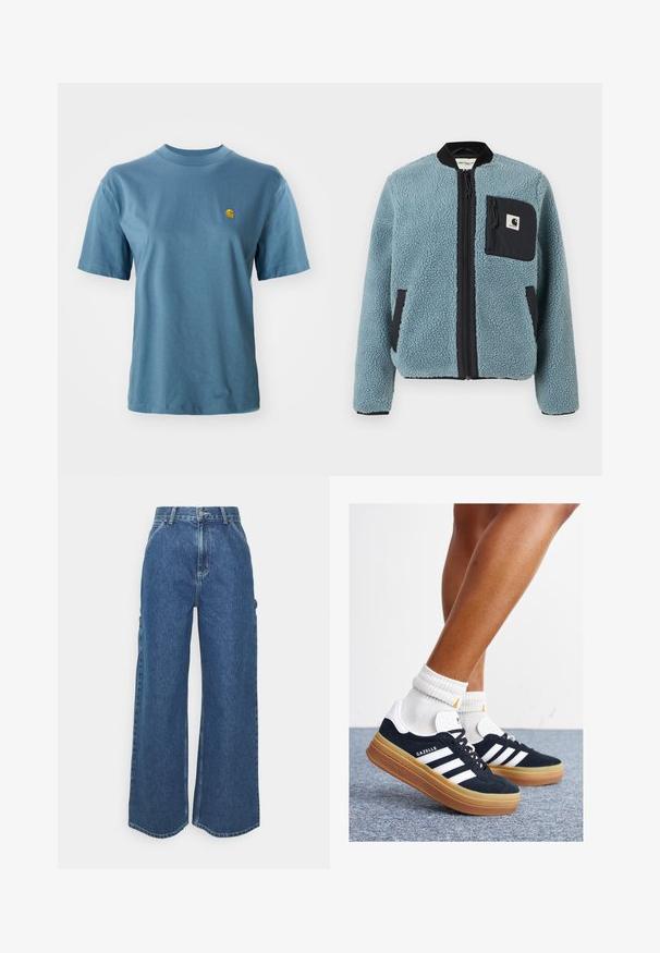 Chaqueta de forro polar azul con una superficie texturizada, bolsillos con cremallera negros, cuello alto y cremallera frontal. Presenta un parche con el logo en el bolsillo del pecho.; Camiseta de algodón azul claro con mangas cortas y cuello redondo acanalado. Presenta un pequeño logo amarillo en el lado izquierdo del pecho como detalle.; Pantalones vaqueros de pierna ancha en azul con cintura alta, costuras en contraste y bolsillos laterales, que cuentan con un diseño clásico de cinco bolsillos y dobladillos sin rematar.; Zapatillas deportivas de gamuza negra con rayas y detalles blancos, puntera redondeada, suela de goma color caramelo, combinadas con calcetines blancos acanalados a la altura del tobillo.