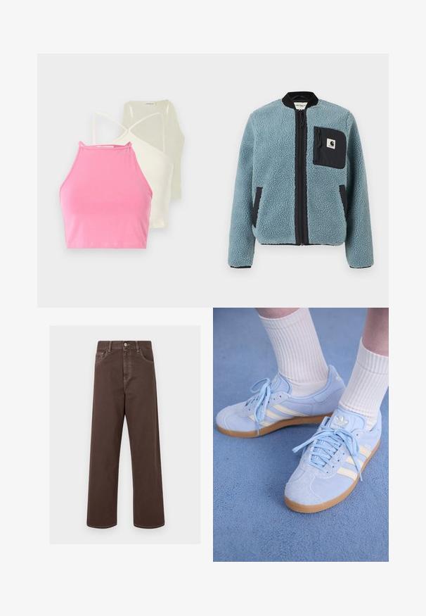 Jachetă din fleece albastru cu o suprafață texturată, buzunare cu fermoar negre, guler în picioare și fermoar frontal. Dispune de o inscripție logo pe buzunarul de la piept.; Trei crop tops cu gât halter în roz, crem și galben deschis. Toate au un design ajustat, cu bretele subțiri și textură netedă din bumbac.; Pantaloni din denim maro, cu croială largă, cusături contrastante, cinci buzunare și închidere cu un buton metalic. Textură netedă, croială dreaptă.; Tenisi din suede bleu deschis cu dungi albe, cu șireturi plate și talpă din cauciuc de tip gumă. Șosete albe cu model în dungi sunt purtate deasupra gleznei.