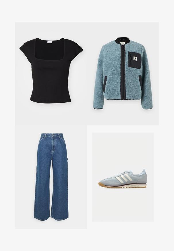 Casaco polar azul com superfície texturizada, bolsos com fecho preto, colarinho alto e fecho frontal. Apresenta um emblema no bolso do peito.; Top preto de manga curta com decote quadrado, feito de tecido suave. Apresenta um design ajustado e uma textura lisa. Sem padrões ou detalhes visíveis.; Calças de ganga azuis de perna larga com cintura alta, costuras em contraste e bolsos laterais, apresentando um design clássico de cinco bolsos e bainhas desfiadas.; Sneakers de camurça azul claro com três riscas brancas, sola de borracha e malha texturizada. Apresenta uma biqueira lisa e marca no calcanhar.