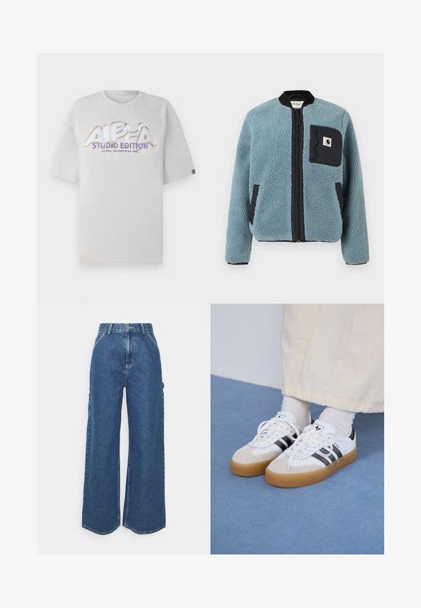 Sinine fliisjakk tekstuuriga pinnaga, mustade lukuga taskud, seisva kaelusega ja ees lukuga. Rindade taskul on logoapplikatsioon.; Valge lühikeste varrukatega t-särk ümmarguse kaelusega, millel on läikiv, mitmevärviline "ALPHA STUDIO EDITION" logo ees.; Laiene jalad sinised denim püksid kõrge vöökohaga, kontrastsete õmblustega ja küljetaskutega, klassikalise viie taskuga disainiga ja toore servaga.; Valged tossud mustade triipudega ja beeži nahaga aktsentidega. Omavad tekstuuriga kummist talla ja lamedaid valgeid paelu, kantud heledate sokkidega.
