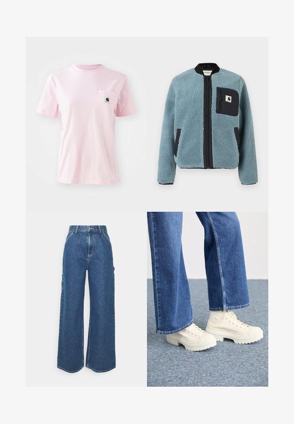 Blå fleecejakke med en teksturert overflate, svarte glidelåslommer, stående krage og frontglidelås. Har logopatch på brystlommen.; Rosa bomull t-skjorte med rund hals, korte ermer og en lomme på venstre bryst med en liten logo-applikasjon. Glatt tekstur.; Videbeinete blå denimbukser med høy midje, kontraststing, og sidelommer, med et klassisk fem-lommers design og rå kanter.; Hvite høyhælte joggesko med tykke, rillede såler og sirkulær logo detalj, brukt med lyseblå, vide denim jeans.