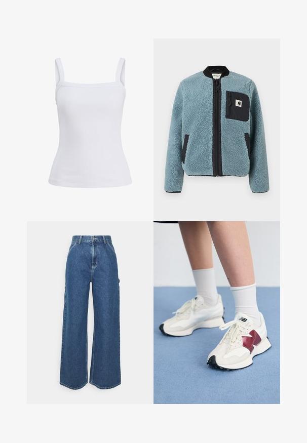 Blue fleece jacket with a textured surface, black zip pockets, standing collar, and front zipper. Features logo patch on chest pocket.; White ribbed tank top with narrow shoulder straps and a fitted silhouette, made of soft cotton blend fabric. No patterns or accents.; Wide-leg blue denim trousers with a high waist, contrasting stitching, and side pockets, featuring a classic five-pocket design and raw hems.; Pair of white sneakers with maroon accents, textured panels, flat black outsole, and light laces, worn with white ankle socks.