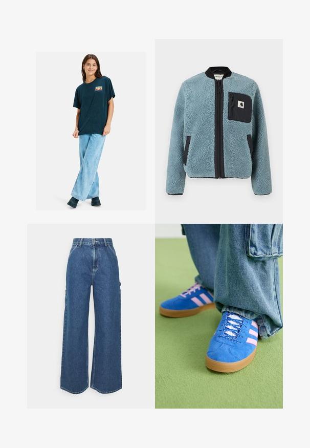 Kék bolyhos dzseki struktúrált felülettel, fekete cipzáros zsebekkel, álló gallérral és elülső cipzárral. A mellzseben logós folt található.; Tengerészkék, oversized póló rövid ujjakkal, színes grafikai nyomattal a mellrészen. Világoskék, bőszárú farmernadrággal és fekete csizmával viselve.; Széles szárú, kék farmernadrág magas derékkal, kontrasztos varrással és oldalsó zsebekkel, klasszikus öt zsebes kialakítással és nyers szegéllyel.; Kék velúr cipők rózsaszín csíkokkal és fehér fűzővel, gumiból készült talppal, laza farmernadrággal egy zöld felületen.