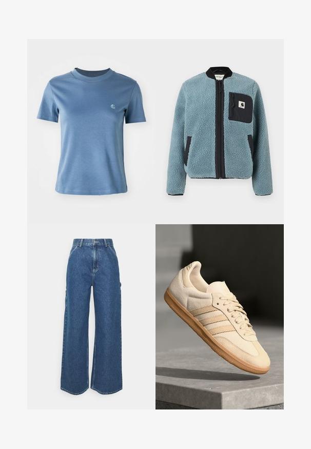 Modrá fleecová bunda s textúrovaným povrchom, čiernymi zipsovými vreckami, stojacim golierom a predným zipsom. Obsahuje logovú nášivku na vrecku na hrudi.; Svetlo modré tričko s krátkym rukávom a okrúhlym výstrihom s malým bielym logom na ľavej hrudi na jednoduchom bielom pozadí.; Dlhé modré džínsy so širokými nohavicami a vysokým pásom, s kontrastným prešívaním a bočnými vreckami, s klasickým dizajnom piatich vreciek a surovými lemami.; Svetlo béžová semišová teniska s gumovou podrážkou, tromi diagonálnymi pruhmi a textúrovaným špičkovým krytom. Obsahuje logo na jazyku a boku.