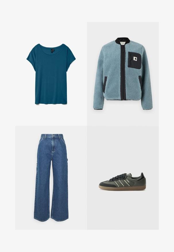 Mėlyna fliso striukė su tekstūruota paviršiumi, juodomis užtrauktukų kišenėmis, stovinčiu apykakle ir priekiniais užtrauktukais. Ant krūtinės kišenės yra logotipo pleistras.; Mėlynos spalvos trumpomis rankovėmis marškinėliai su apvalia iškirpte, pagaminti iš minkštos medžiagos, pasižymintys laisvu kirpimu ir lygiu paviršiumi.; Plačios mėlynos džinsinės kelnes su aukštu juosmeniu, kontrastingais siūlais ir šoninėmis kišenėmis, turinčios klasikinį penkių kišenių dizainą ir brutalius kraštus.; adidas Originals SAMBA OG - Sportbačiai - core black/legend earth/gum