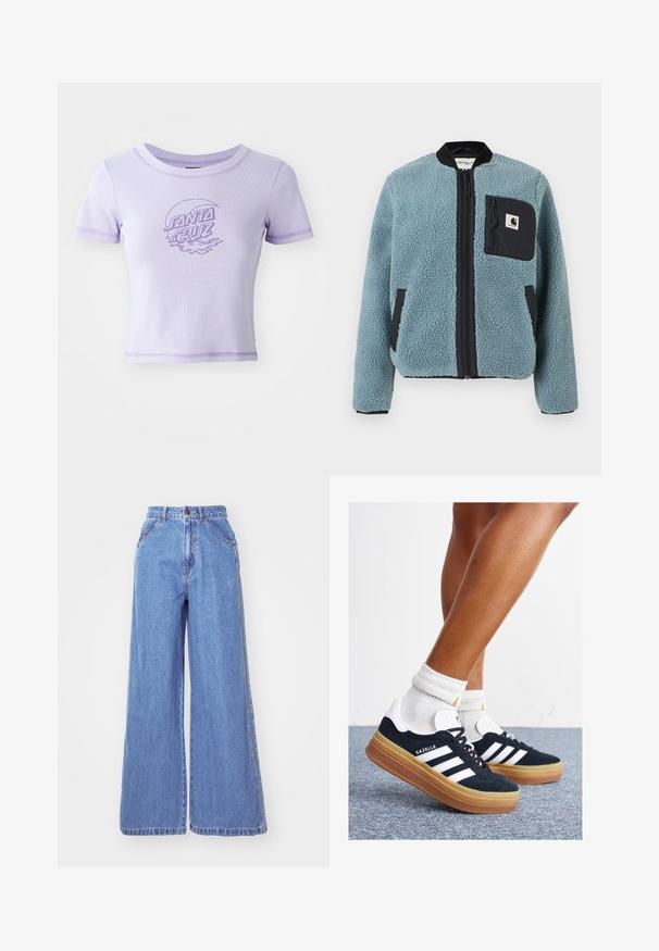 Blauwe fleecejack met een gestructureerd oppervlak, zwarte ritszakken, staande kraag en voorrits. Bevat een logo-opdruk op de borstzak.; Paarse, aansluitende T-shirt met korte mouwen, ronde hals en contrasterende stiksels. Heeft een grafisch ontwerp van "SANTA CRUZ" op de voorkant.; adidas Originals Straight leg jeans - light denim; Zwarte suède sneakers met witte strepen en accenten, ronde neus, gum rubberen buitenzool, gecombineerd met witte geribbelde crewkousen.