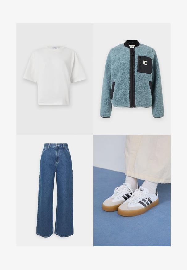 Sinine fliisjakk tekstuuriga pinnaga, mustade lukuga taskud, seisva kaelusega ja ees lukuga. Rindade taskul on logoapplikatsioon.; Valge lühikeste varrukatega lühendatud T-särk ümmarguse kaelusega ja sileda puuvillase tekstuuriga. Kaeluses on trükitud brändi silt.; Laiene jalad sinised denim püksid kõrge vöökohaga, kontrastsete õmblustega ja küljetaskutega, klassikalise viie taskuga disainiga ja toore servaga.; Valged tossud mustade triipudega ja beeži nahaga aktsentidega. Omavad tekstuuriga kummist talla ja lamedaid valgeid paelu, kantud heledate sokkidega.