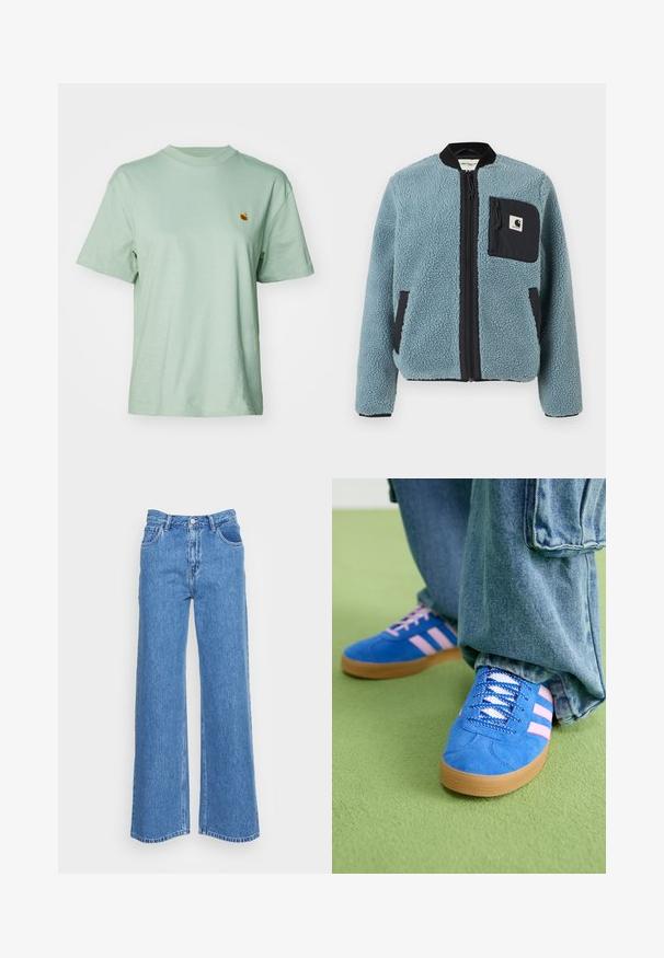 Jachetă din fleece albastru cu o suprafață texturată, buzunare cu fermoar negre, guler în picioare și fermoar frontal. Dispune de o inscripție logo pe buzunarul de la piept.; T-Shirt din bumbac verde mentă, cu guler rotund, mâneci scurte și un mic logo brodat pe piept. Textură moale și croială lejeră.; Jeanși largi din denim albastru, cu talie înaltă, având două buzunare frontale și închidere cu buton. Țesătura are un finisaj ușor texturat.; Pantofi din piele întoarsă albaștri cu dungi roz și șireturi albe, având o talpă din cauciuc gumat, asortați cu pantaloni din denim largi pe o suprafață verde.