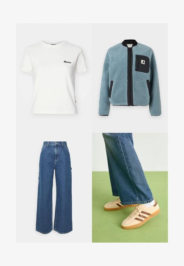 Blue fleece jacket with a textured surface, black zip pockets, standing collar, and front zipper. Features logo patch on chest pocket.; White short-sleeve t-shirt made of soft cotton, featuring a small black "Dickies" logo on the left chest and a slightly fitted shape.; Wide-leg blue denim trousers with a high waist, contrasting stitching, and side pockets, featuring a classic five-pocket design and raw hems.; Beige sneakers with textured cream panels and brown stripes, paired with blue denim jeans. The jeans have a wide leg and frayed hem.