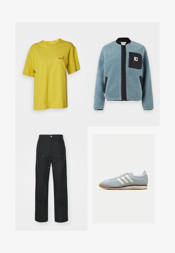 Blå fleecejacka med texturerad yta, svarta blixtlåsfickor, ståkrage och framfickzipp. Har logotypapplikation på bröstfickan.; Carhartt WIP AMERICAN SCRIPT - T-shirt - bas - golden olive; Svarta byxor med rak bendesign, tillverkade av ett texturerat tyg. Har dekorativ silverhardware och unik sömdetaljering.; Ljusblå mockasko med vita tre ränder, gummisula och texturerad mesh. Har en slät tåhuvud och logotyp på hälen.