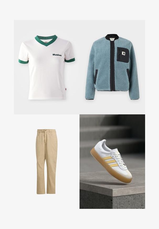 Blå fleecejacka med texturerad yta, svarta blixtlåsfickor, ståkrage och framfickzipp. Har logotypapplikation på bröstfickan.; Vit kortärmad t-shirt med gröna V-hals och ärmsnoddar; har "Dickies"-logotypen i mörkgrön på vänster bröst. Slät bomullstextur.; Khaki bomullsbukser med rak skärning, med en knappstängning fram, två sidofickor och minimal märkeslogotyp fram.; Vit lädersneaker med gula detaljer, tre ränder och en sula av naturgummi. Har rundad tå och texturerad tung.