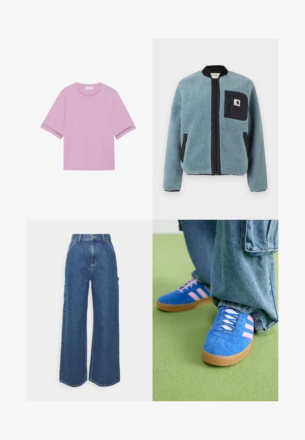 Niebieska polarowa kurtka o teksturowej powierzchni, czarne kieszenie na zamek, stojący kołnierz i zamek błyskawiczny z przodu. Posiada naszywkę z logo na kieszeni na piersi.; Różowa koszulka z krótkim rękawem, uszyta z miękkiego materiału, z koronkowymi detalami na mankietach oraz klasycznym okrągłym dekoltem.; Szerokie niebieskie dżinsowe spodnie z wysokim stanem, kontrastowymi szwami i bocznymi kieszeniami, z klasycznym pięciokieszeniowym wzorem i surowymi brzegami.; Niebieskie zamszowe buty z różowymi paskami i białymi sznurowadłami, z gumową podeszwą, zestawione z luźnymi dżinsami na zielonej powierzchni.