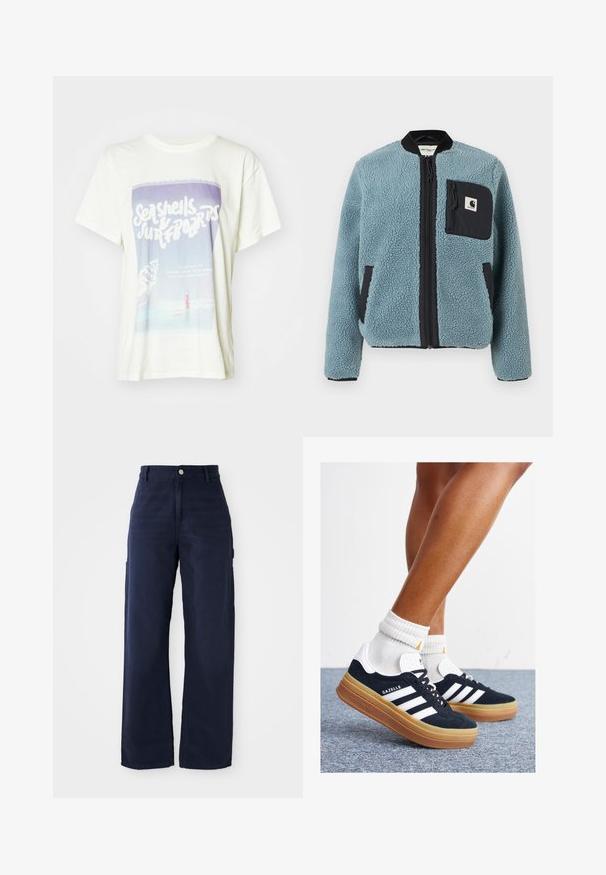 Blå fleecejacka med texturerad yta, svarta blixtlåsfickor, ståkrage och framfickzipp. Har logotypapplikation på bröstfickan.; Vitt bomullströja med ett grafiskt tryck av snäckor och en surfare. Designen innehåller mjuka färger med retrotext och en strandscen.; Marinblå vida cargobyxor i kraftig bomull, med sidofickor och knäppning i midjan.; Svarta sneakers i mocka med vita ränder och detaljer, rundad tå, yttersula i gummiblandning, kombinerade med vita ribbade crew-strumpor.
