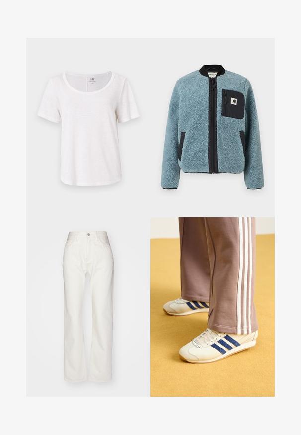 Chaqueta de forro polar azul con una superficie texturizada, bolsillos con cremallera negros, cuello alto y cremallera frontal. Presenta un parche con el logo en el bolsillo del pecho.; GAP BLEND SCOOP - Camiseta básica - fresh white; Pantalones de mezclilla blanca con una alta cintura y un ajuste de pierna ancha. Presenta un cierre de botón y cremallera, presillas para cinturón y detalles de costura sutil.; Zapatillas de crema con rayas de ante azul, cordones blancos y suela de goma. Combinadas con pantalones de chándal grises que presentan rayas laterales blancas.