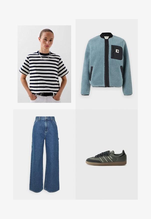 Niebieska polarowa kurtka o teksturowej powierzchni, czarne kieszenie na zamek, stojący kołnierz i zamek błyskawiczny z przodu. Posiada naszywkę z logo na kieszeni na piersi.; Scalpers - T-shirt z nadrukiem; Szerokie niebieskie dżinsowe spodnie z wysokim stanem, kontrastowymi szwami i bocznymi kieszeniami, z klasycznym pięciokieszeniowym wzorem i surowymi brzegami.; adidas Originals SAMBA OG czarny