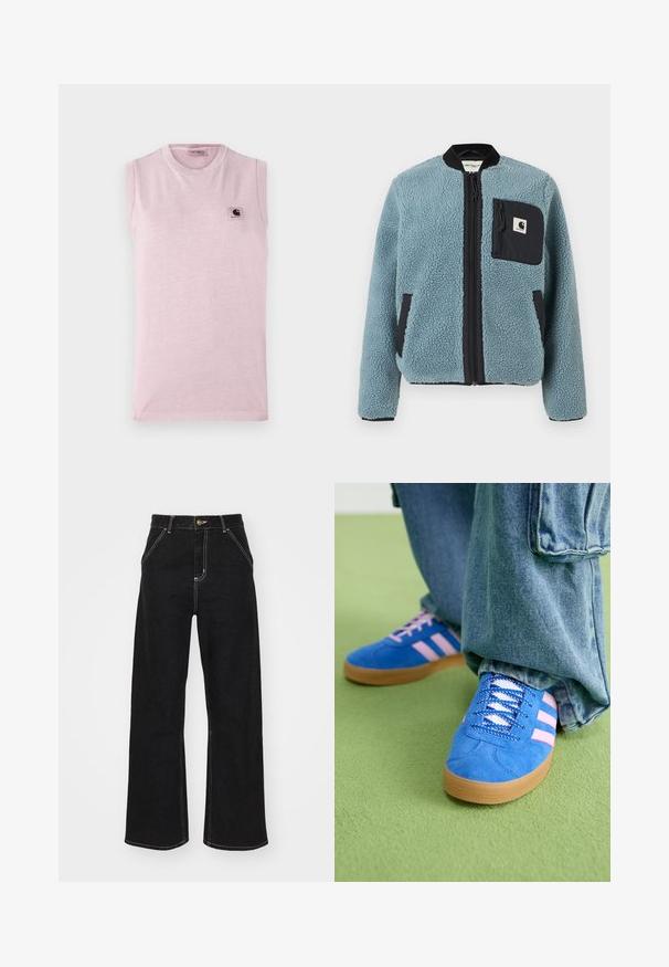 Sinine fliisjakk tekstuuriga pinnaga, mustade lukuga taskud, seisva kaelusega ja ees lukuga. Rindade taskul on logoapplikatsioon.; Heleda roosa ilma varrukateta t-särk, mis on valmistatud pehmest kangast, ümarate dekoltee ja väikese ruudukujulise logoaplikatsiooniga vasakul rinnal.; Mustmustest mustadest denimist, millel on kontrastsed valged õmblused ja esine nupp, kahe nurga all asuva esipocketiga.; Sinised sametkingad roosade triipudega ja valgete paeltega, millel on kummist tallad, kombineeritud laia teksapükstega rohelisel pinnal.