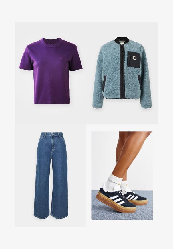 Chaqueta de forro polar azul con una superficie texturizada, bolsillos con cremallera negros, cuello alto y cremallera frontal. Presenta un parche con el logo en el bolsillo del pecho.; Camiseta de algodón morada con cuello redondo y mangas cortas; presenta un pequeño logo bordado en el pecho. Textura suave, sin patrones.; Pantalones vaqueros de pierna ancha en azul con cintura alta, costuras en contraste y bolsillos laterales, que cuentan con un diseño clásico de cinco bolsillos y dobladillos sin rematar.; Zapatillas deportivas de gamuza negra con rayas y detalles blancos, puntera redondeada, suela de goma color caramelo, combinadas con calcetines blancos acanalados a la altura del tobillo.