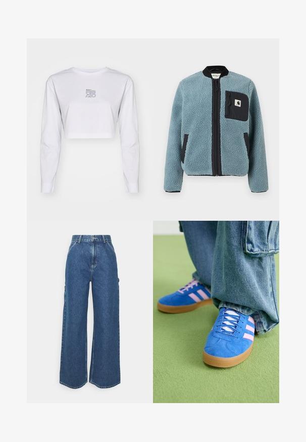 Sinine fliisjakk tekstuuriga pinnaga, mustade lukuga taskud, seisva kaelusega ja ees lukuga. Rindade taskul on logoapplikatsioon.; Valge pikka varrukatiga lühike T-särk, mis on valmistatud puuvillast. Ees on sinise ja kollase välja prinditud logo. Lihtne, puhas disain ja hästiistuvad varrukad.; Laiene jalad sinised denim püksid kõrge vöökohaga, kontrastsete õmblustega ja küljetaskutega, klassikalise viie taskuga disainiga ja toore servaga.; Sinised sametkingad roosade triipudega ja valgete paeltega, millel on kummist tallad, kombineeritud laia teksapükstega rohelisel pinnal.