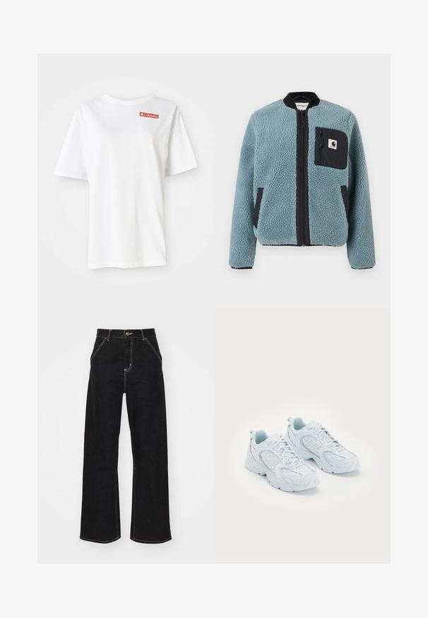 Zils flīsa jaka ar teksturētu virsmu, melnām rāvējslēdzēju kabatām, stāvošu apkakli un priekšējo rāvējslēdzēju. Iekļauj logotipa uzlādes kabatā uz krūtīm.; Balts kokvilnas t-krekls ar īsām piedurknēm un noapaļotu kakla izgriezumu, ar mazu sarkanu Columbia logotipu kreisajā krūšu zonā.; Melnas platajās biksēs, kas izgatavotas no denima, ar kontrastējošas baltas šuves un priekšējo pogu aizdari, kā arī divām slīpajām priekšējām kabatām.; Gaiši zili sporta apavi ar tīkla un sintētisku augšdaļu, kas izceļas ar baltām polka punktiem un atstarojošiem akcentiem, saistāma dizaina un mīkstiem zolēm.