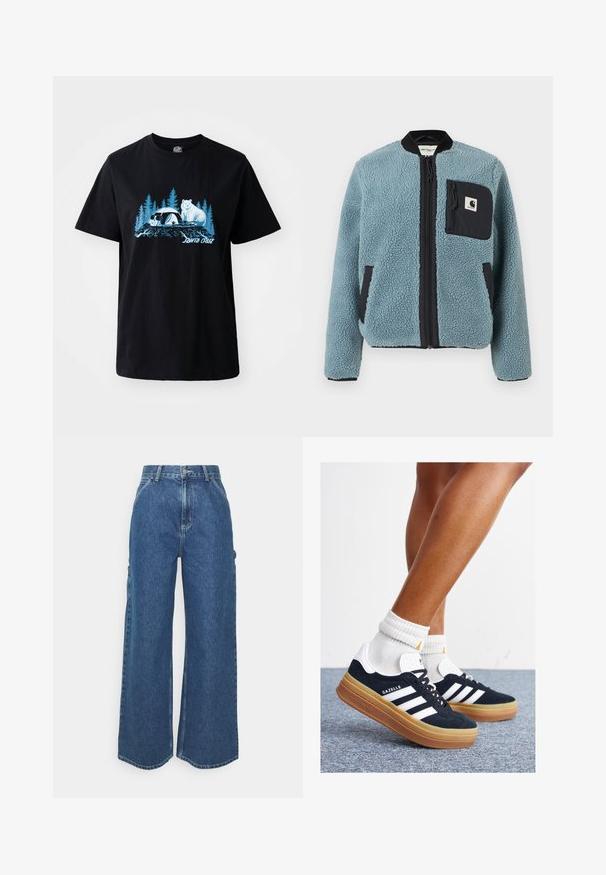 Modrá fleecová bunda s texturovaným povrchem, černými zipovými kapsami, stojatým límcem a předním zipem. Obsahuje nášivku loga na kapsičce na hrudi.; Černé bavlněné tričko s modrou grafikou medvěda a pandy na pozadí stromů. Krátké rukávy a kulatý výstřih.; Široké modré džíny s vysokým pasem, kontrastním šitím a postranními kapsami, které mají klasický design s pěti kapsami a rozstřižené lemy.; Černé semišové tenisky s bílými pruhy a detaily, zaoblenou špičkou, podrážkou z gumy barvy žvýkačky, doplněné bílými žebrovanými ponožkami ke kotníkům.