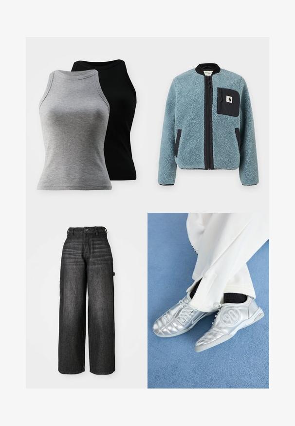 Zils flīsa jaka ar teksturētu virsmu, melnām rāvējslēdzēju kabatām, stāvošu apkakli un priekšējo rāvējslēdzēju. Iekļauj logotipa uzlādes kabatā uz krūtīm.; Divi bezpiedurkņu riboti topi šajā pelēkā un melnā krāsā. Tie ir ar noapaļotu kakla izgriezumu un pieguļošu siluetu, izgatavoti no mīkstas kokvilnas maisījuma.; Platas kājas cargo džinsi tumši denima. Iezīmējas ar augstu jostasvietu, divām sānu kabatām un viegli izbalējušu faktūru. Izturīgs audums un pielāgota silueta.; Sudraba sporta apavi ar gludu, spīdīgu apdari, ar šūtu dizainu un numuru 90 sānos, apvienoti ar baltām biksēm.