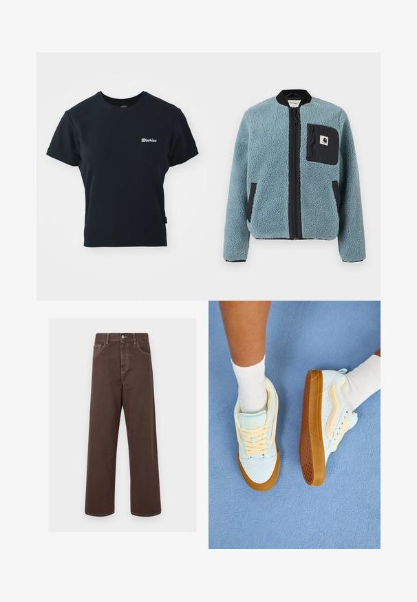 Sinine fliisjakk tekstuuriga pinnaga, mustade lukuga taskud, seisva kaelusega ja ees lukuga. Rindade taskul on logoapplikatsioon.; Must muströöp, lühikeste varrukatega, ümar kaelus ja rinnal väike valge tikitud logo. Klassikaline, vormitud disain.; Pruunid laiad denimipüksid kontrastsete õmblustega, viie tasku ja metallnupuga sulgu. Sile tekstuur, sirge lõige.; Heledad sinised jooksujalatsid kreemjate detailidega, millel on paelad, kummitald ja tekstureeritud haare. Kanda valgete sokkidega sinisel pinnal.