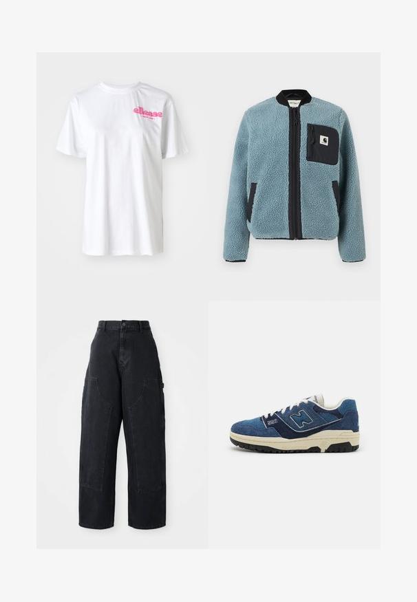 Blauwe fleecejack met een gestructureerd oppervlak, zwarte ritszakken, staande kraag en voorrits. Bevat een logo-opdruk op de borstzak.; Witte katoenen t-shirt met korte mouwen, met een roze "ellesse" logo op de borst. Klassiek ronde hals ontwerp.; Zwarte denim cargo broek met wijde been, hoge taille, twee grote voorkanten zakken en een knoopsluiting bij de taille. Soepele textuur, casual ontwerp.; Blauwe suède sneakers met contrasterende marineblauwe panelen, witte veters en een gestructureerde zwarte rubberen zool. Modelnummer "550" op de zijkant weergegeven.