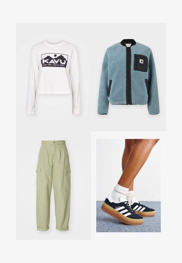 Modra flis jakna z teksturirano površino, črnimi zadrgami na žepih, stojnim ovratnikom in sprednjo zadrgo. Ima oznako na žepu na prsih.; Bela dolgohišna majica z odrezanim dizajnom. Ima črn grafični tisk gorskih motivov in besedilo "KAVU" na sprednji strani. Mehka tekstura.; Svetlozeleni cargo hlače iz bombažnega blaga. Imajo visok pas, zavihane manšete in dva stranska cargo žepa za dodatno uporabnost.; Črni antilop superge z belimi črtami in poudarki, okrogel prst, gumijasti podplat, kombinirane z belimi rebrastimi nogavicami.