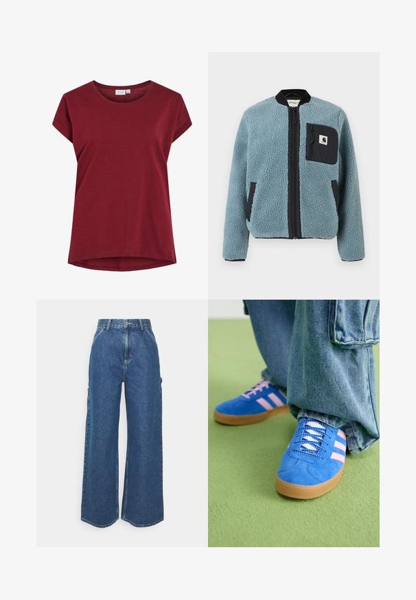 Blue fleece jacket with a textured surface, black zip pockets, standing collar, and front zipper. Features logo patch on chest pocket.; Burgundy T-shirt made of soft cotton with a round neck, short sleeves, and a slightly curved hem. Simple, solid color design.; Wide-leg blue denim trousers with a high waist, contrasting stitching, and side pockets, featuring a classic five-pocket design and raw hems.; Blue suede shoes with pink stripes and white laces, featuring a gum rubber sole, paired with loose denim pants on a green surface.