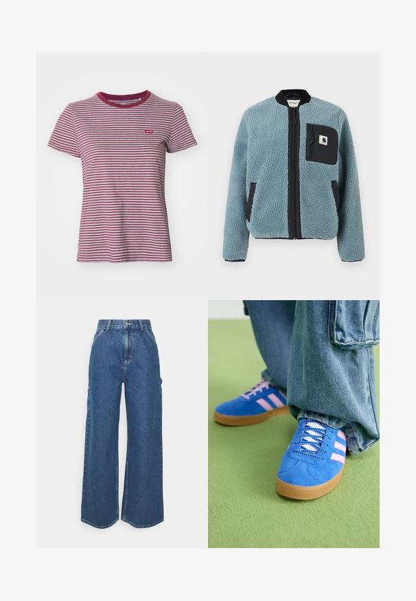 Kék bolyhos dzseki struktúrált felülettel, fekete cipzáros zsebekkel, álló gallérral és elülső cipzárral. A mellzseben logós folt található.; Levi's® THE PERFECT TEE - Basic póló - collegiate burgundy; Széles szárú, kék farmernadrág magas derékkal, kontrasztos varrással és oldalsó zsebekkel, klasszikus öt zsebes kialakítással és nyers szegéllyel.; Kék velúr cipők rózsaszín csíkokkal és fehér fűzővel, gumiból készült talppal, laza farmernadrággal egy zöld felületen.