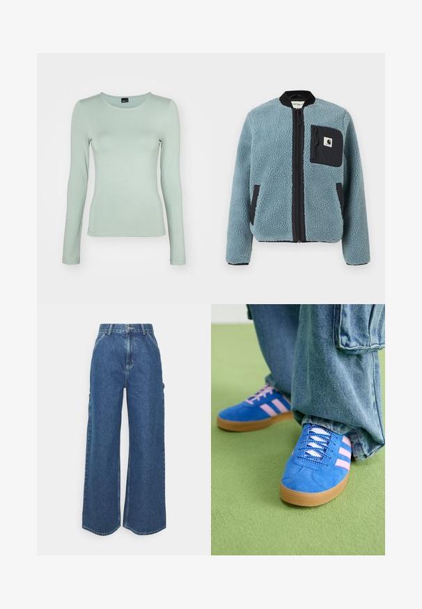 Mėlyna fliso striukė su tekstūruota paviršiumi, juodomis užtrauktukų kišenėmis, stovinčiu apykakle ir priekiniais užtrauktukais. Ant krūtinės kišenės yra logotipo pleistras.; Ilgomis rankovėmis šviesiai žalias viršus, pagamintas iš minkštos, tamprios medžiagos, su apvalia iškirpte ir prigludusia forma, turintis lygų paviršių ir subtilius siūlus.; Plačios mėlynos džinsinės kelnes su aukštu juosmeniu, kontrastingais siūlais ir šoninėmis kišenėmis, turinčios klasikinį penkių kišenių dizainą ir brutalius kraštus.; Mėlyni zomšiniai bateliai su rožinėmis juostelėmis ir baltais raišteliais, turintys guminį padą, derinami su laisvais džinsiniais kelnais ant žalios paviršiaus.