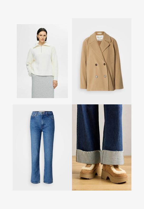 Dvigubos krūtinės paltas šviesiai rudos spalvos, pagamintas iš minkštos vilnos, su dideliais atvartais, dviem priekinėmis kišenėmis ir kontrastingais mygtukais.; Baltas megztinis su ketvirčio užtrauktuku, tekstūruota raštu ir nusileidusia pečių konstrukcija. Derinamas su pilku sijonu.; Mėlyni džinsai su tiesiu kirpimu, turintys klasikinį penkių kišenių dizainą, oranžiniai siuvinėjimai ir mygtukų uždarymas.; Rudos suedinės platformos batai su kreminiu pūkų pamušalu, derinami su plačiomis džinsinėmis kelnėmis, turinčiomis nutrintas apykakles ir šviesesnį džinsinį atvartą.