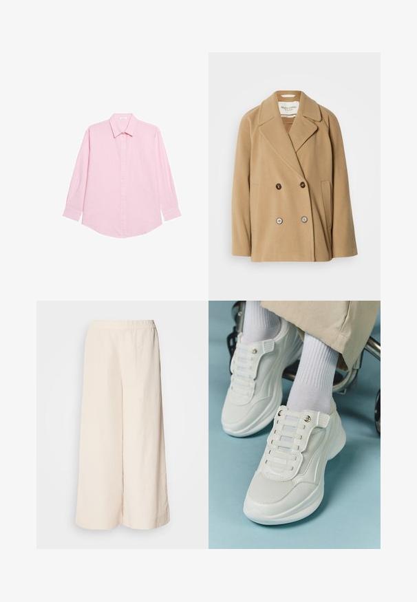 Double-breasted coat in a light brown color, made from soft wool, featuring large lapels, two front pockets, and contrasting buttons.; Yamamay Button-down blouse - rose plain; Cream wide-leg trousers with an elastic waistband, featuring a relaxed fit and smooth texture, suitable for casual wear.; White sneakers featuring a mesh material, rubber sole, lace-free design with elastic bands, and gold-toned accents.