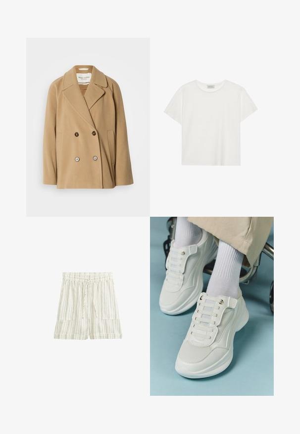 Płaszcz dwurzędowy w jasnobrązowym kolorze, wykonany z miękkiej wełny, z dużymi klapami, dwoma przednimi kieszeniami i kontrastowymi guzikami.; Biała koszulka z krótkim rękawem wykonana z miękkiej bawełny. Posiada okrągły dekolt i luźny krój. Czysty design bez widocznych wzorów czy akcentów.; Szorty z mieszanki lnu w jasnym kremowym kolorze z pionowymi paskami, elastycznym paskiem w talii, regulowanym sznurkiem oraz dwiema przednimi kieszeniami typu patch.; Białe sneakersy z siateczkowego materiału, gumową podeszwą, bezsznurowym designem z elastycznymi paskami oraz złotymi akcentami.