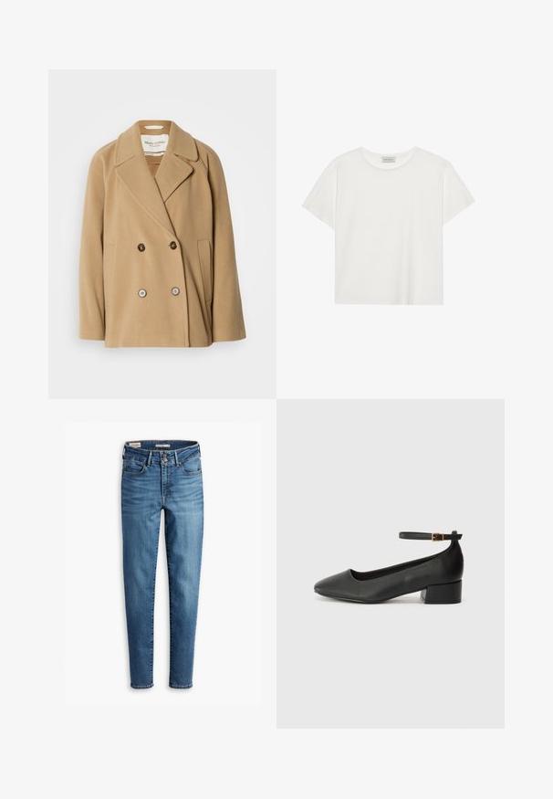 Double-breasted coat in a light brown color, made from soft wool, featuring large lapels, two front pockets, and contrasting buttons.; White short-sleeve T-shirt made of soft cotton. Features a round neckline and relaxed fit. Clean design with no visible patterns or accents.; High-waisted, skinny jeans in light blue denim. Features five pockets, front button closure, and classic stitching detail throughout.; Black leather pump with a pointed toe and a low block heel. Features an ankle strap with a gold-tone buckle. Smooth texture.
