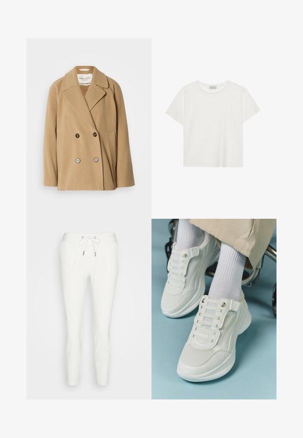 Manteau croisé de couleur brun clair, fabriqué en laine douce, avec de grands revers, deux poches à l'avant et des boutons contrastants.; T-shirt blanc à manches courtes en coton doux. Présente un col rond et une coupe décontractée. Design épuré sans motifs ni accents visibles.; Pantalons de survêtement blancs en tissu doux, dotés d'une taille à cordon de serrage, de deux poches latérales et d'une coupe fuselée sans motifs ni accents visibles.; Baskets blanches avec un matériau en maille, semelle en caoutchouc, design sans lacets avec des bandes élastiques et accents dorés.