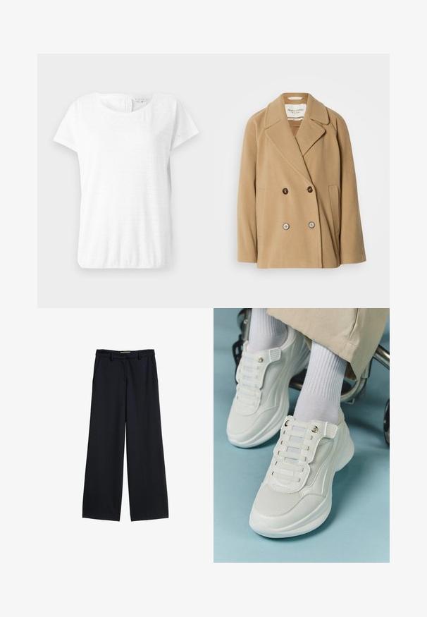 Dvigubos krūtinės paltas šviesiai rudos spalvos, pagamintas iš minkštos vilnos, su dideliais atvartais, dviem priekinėmis kišenėmis ir kontrastingais mygtukais.; Balta medvilnės marškinėliai su trumpomis rankovėmis, apvalia iškirpte ir aklųjų raštu, kuriame yra deimanto formų. Minkšta tekstūra ir laisvas siluetas.; Plati kelnės tamsiai mėlynos spalvos audinio, su lygia priekiu, diržo kilpomis ir dviem šoninėmis kišenėmis. Lygus paviršius be raštų.; Baltos sportbačiai su tinklelio medžiaga, guminiais padais, be raištelių dizainu su elastinėmis juostelėmis ir auksinėmis detalėmis.