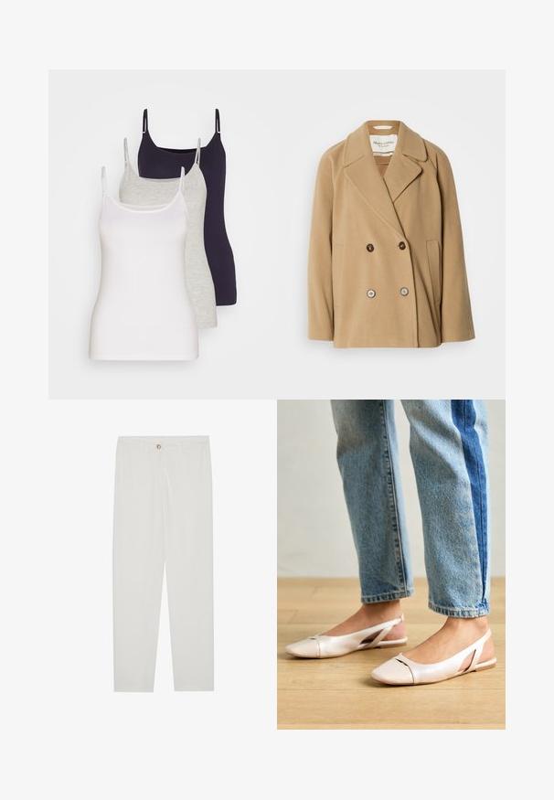 Dubbelt knäppt kappa i en ljusbrun färg, tillverkad av mjuk ull, med stora slag, två framfickor och kontrasterande knappar.; Tre linnen i vitt, grått och mörk marinblått. Tillverkade av mjuk bomull, med tunna axelband och en figurnära design utan utsmyckningar.; Vita, skräddarsydda byxor med rak benform, med knappstängning, bältesslingor och sidofickor; mjuk tygtextur.; Ljust rosa slingback-lägenheter med spetsig tå, tillverkade av ett slätt läderliknande material. Har utskurna detaljer på sidorna och en platt häl.