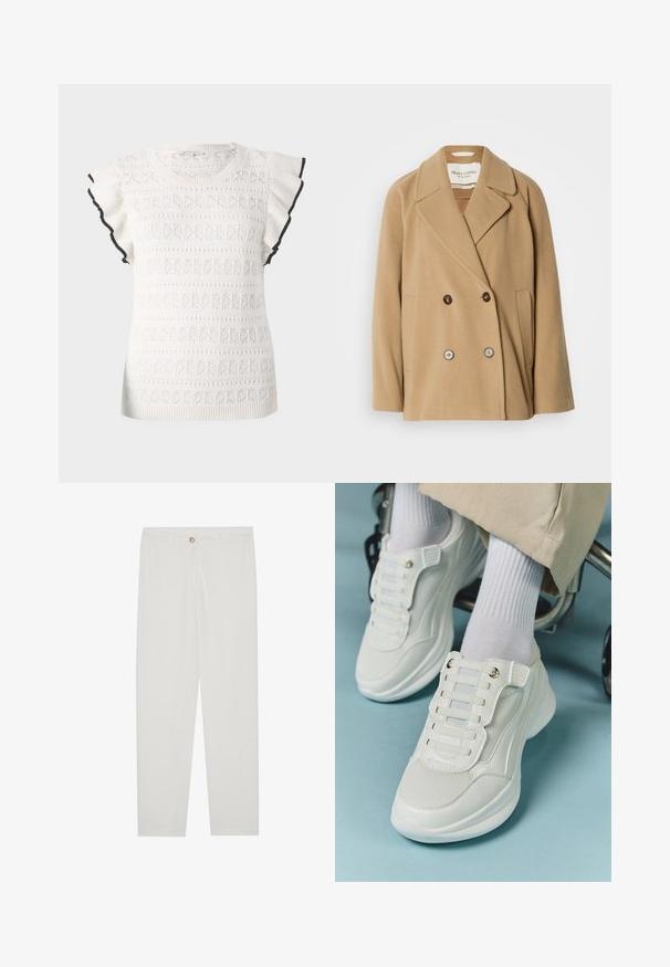 Casaco de dupla face numa cor castanho claro, feito de lã macia, com grandes lapelas, dois bolsos frontais e botões em contraste.; Top branco de malha com um padrão texturizado e mangas com babados. Destacado com um acabamento preto nas bordas das mangas.; Calças brancas, ajustadas, com um design de perna reta, apresentando um fecho de botão, passantes para cinto e bolsos laterais; textura de tecido suave.; Tênis brancos com material em rede, sola de borracha, design sem atacadores com faixas elásticas e detalhes em tom dourado.