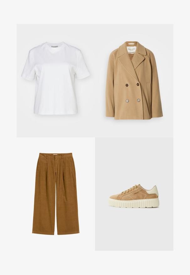 Double-breasted coat in a light brown color, made from soft wool, featuring large lapels, two front pockets, and contrasting buttons.; AllSaints LISA - Basic T-shirt - white; Brown wide-leg trousers with a textured finish, featuring two side pockets and front pleats, designed for comfort and casual wear.; Tan suede sneaker with a chunky cream rubber sole, round toe, six eyelets, and reinforced heel with logo accents.