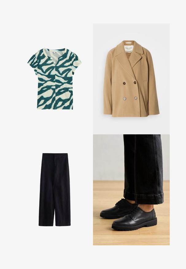 Dvostruki kaput svijetlosmeđe boje, izrađen od mekanog vune, sa velikim reverima, dva prednja džepa i kontrastnim dugmadi.; T-majica kratkih rukava od mekog materijala, s apstraktnim životinjskim uzorkom u tirkiznoj i krem boji, V-izrezom i blagim nabršnjavanjem na rukavima.; Crne široke hlače od laganog materijala. Imaju ravni pojas s prednim rajsferšlusom i džepovima, prikladne za svakodnevno ili formalno nošenje.; Crne kožne cipele na vezanje s glatkom teksturom, okruglim vrhom i debelim gumiranim đonom, u paru s skraćenim tamnim trapericama.