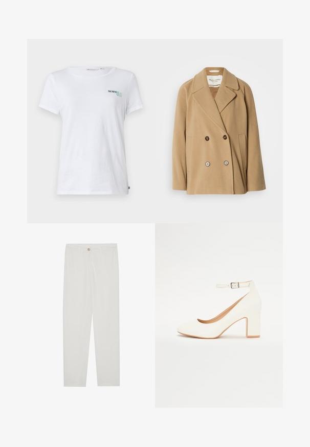 Double-breasted coat in a light brown color, made from soft wool, featuring large lapels, two front pockets, and contrasting buttons.; White cotton t-shirt with short sleeves, featuring "SUMMER CLUB" embroidered in teal and green on the left chest area. Classic round neckline.; White, tailored trousers with a straight leg design, featuring a button closure, belt loops, and side pockets; smooth fabric texture.; White high-heeled shoe with a pointed toe, block heel, and ankle strap. Smooth finish with a subtle shine and beige inner lining.