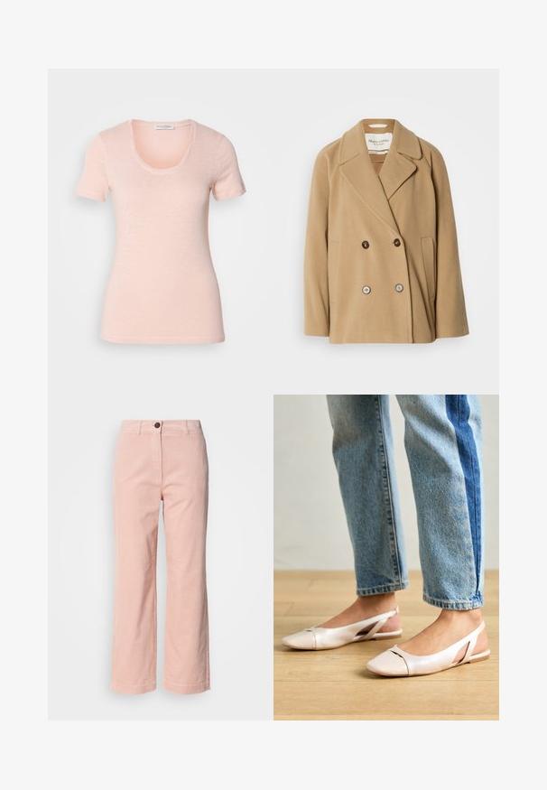 Doppelt gefütterter Mantel in einem hellbraunen Farbton, aus weicher Wolle gefertigt, mit großen Revers, zwei vorderen Taschen und kontrastierenden Knöpfen.; Kurzarm-T-Shirt mit Rundhalsausschnitt in Hellrosa. Hergestellt aus weichem, strukturiertem Stoff mit lockerem Sitz und sauberen Nähten.; Helle rosa Cordhosen mit geradem Bein, Gürtelschlaufen, vorderem Knopfverschluss und ohne sichtbare Taschen.; Blassrosa Slingback-Ballerinas mit spitzem Punkt, aus einem glatten, lederähnlichen Material. Mit Ausschnitten an den Seiten und einem flachen Absatz.