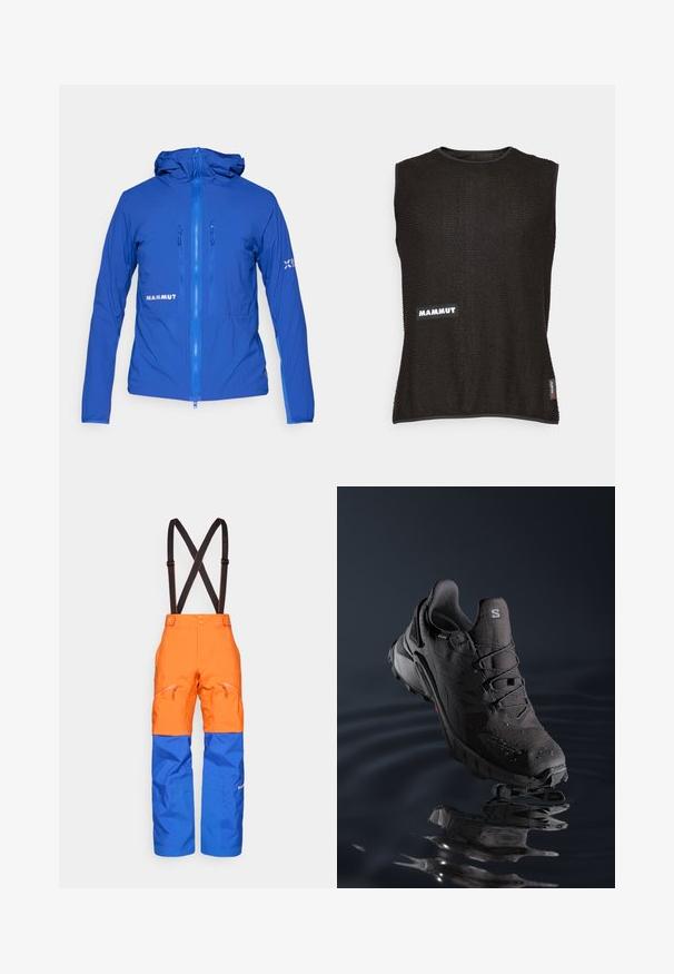 Veste légère bleue avec une capuche, des zips à l'avant et des poignets élastiques. Présente un logo visible sur le côté et un tissu lisse et texturé.; Haut sans manches noir en matière texturée, arborant un logo "Mammut" blanc et une petite étiquette d'accent rouge sur le côté, encolure ronde.; Pantalons imperméables orange et bleu avec bretelles ajustables noires, poches zippées à l'avant et panneaux de genoux renforcés pour les activités de plein air.; Chaussure de trail noire avec un supérieur texturé, un système de laçage et une semelle extérieure en caoutchouc. Comprend un matériau résistant à l'eau et des accents rouges.