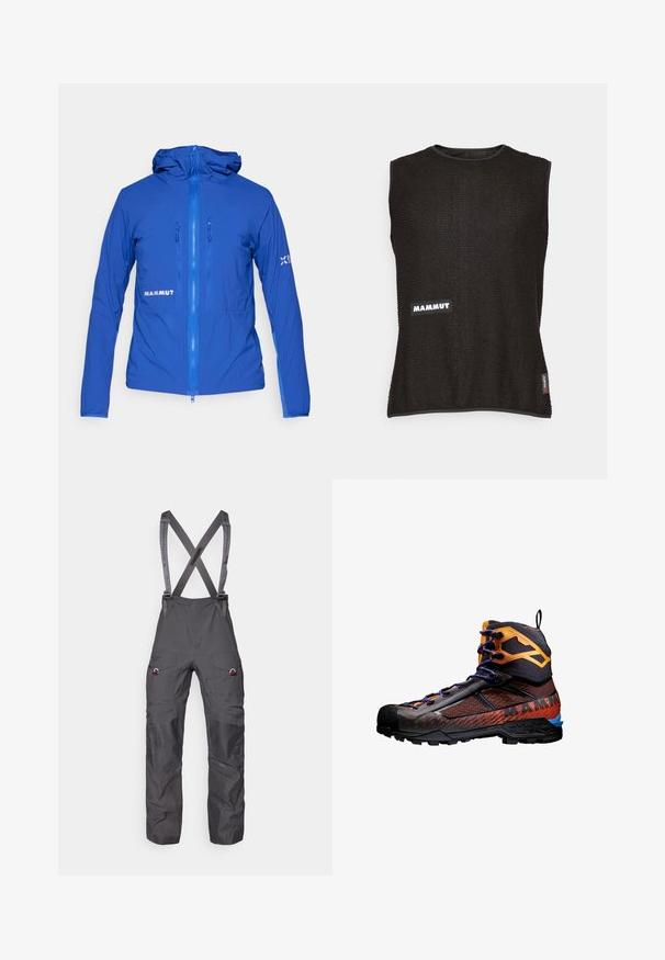 Blue lightweight jacket with a hood, front zippers, and elastic cuffs. Features a visible logo on the side and smooth, textured fabric.; Sleeveless black top with textured material, featuring a white "Mammut" logo and a small red accent tag on the side, rounded neckline.; Gray insulated overalls with adjustable suspenders, multiple pockets, and reinforced knees, featuring a smooth, durable fabric texture.; Black and orange hiking boot with mesh and rubber materials. Features blue accents, textured patterns, and a high ankle design for support.
