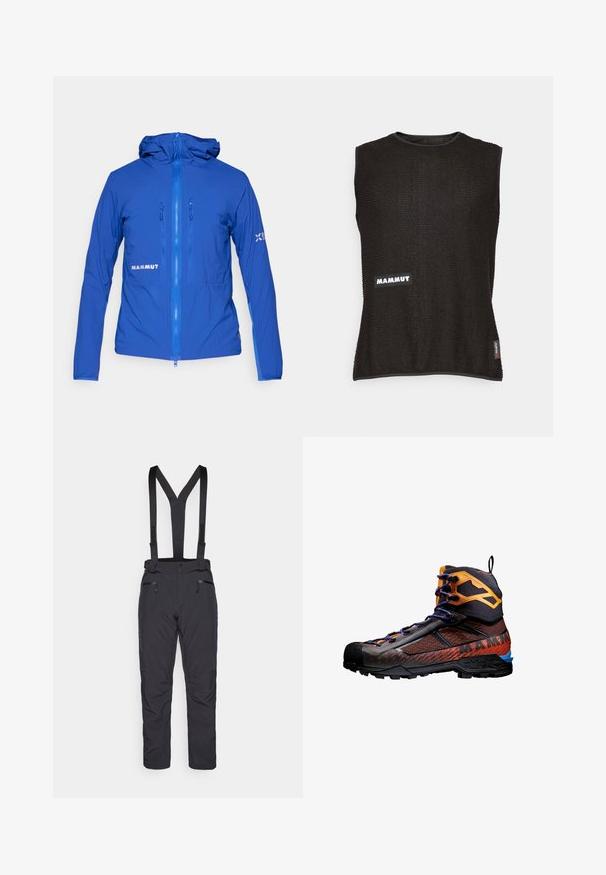 Niebieska lekka kurtka z kapturem, z zamkiem błyskawicznym z przodu i elastycznymi mankietami. Posiada widoczne logo z boku oraz gładki, teksturowany materiał.; Bezrukawnik w kolorze czarnym z teksturowanego materiału, z białym logo "Mammut" oraz małą czerwoną metką z boku, okrągły dekolt.; Czarne spodnie narciarskie z regulowanymi szelkami, dwoma przednimi kieszeniami na zamek błyskawiczny i etui o slim fit. Wykonane z trwałego, wodoodpornego materiału.; Czarny i pomarańczowy but trekkingowy wykonany z siatki i gumowych materiałów. Posiada niebieskie akcenty, teksturowane wzory oraz wysoką cholewkę dla wsparcia.